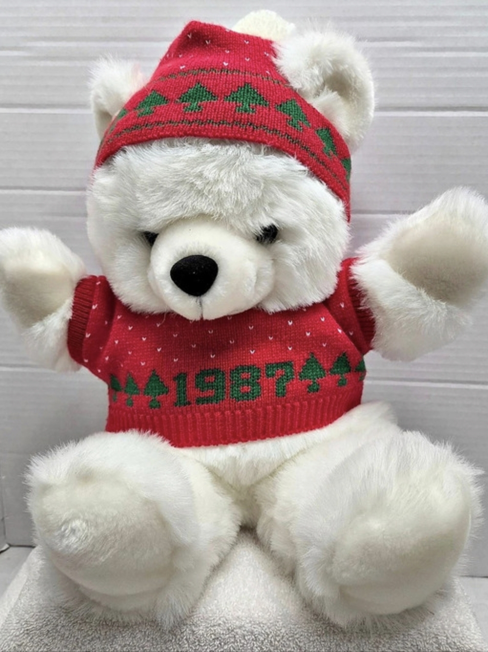 Vintage Style Christmas Polar Bear Plush 1987 Sweater Red Green 18"